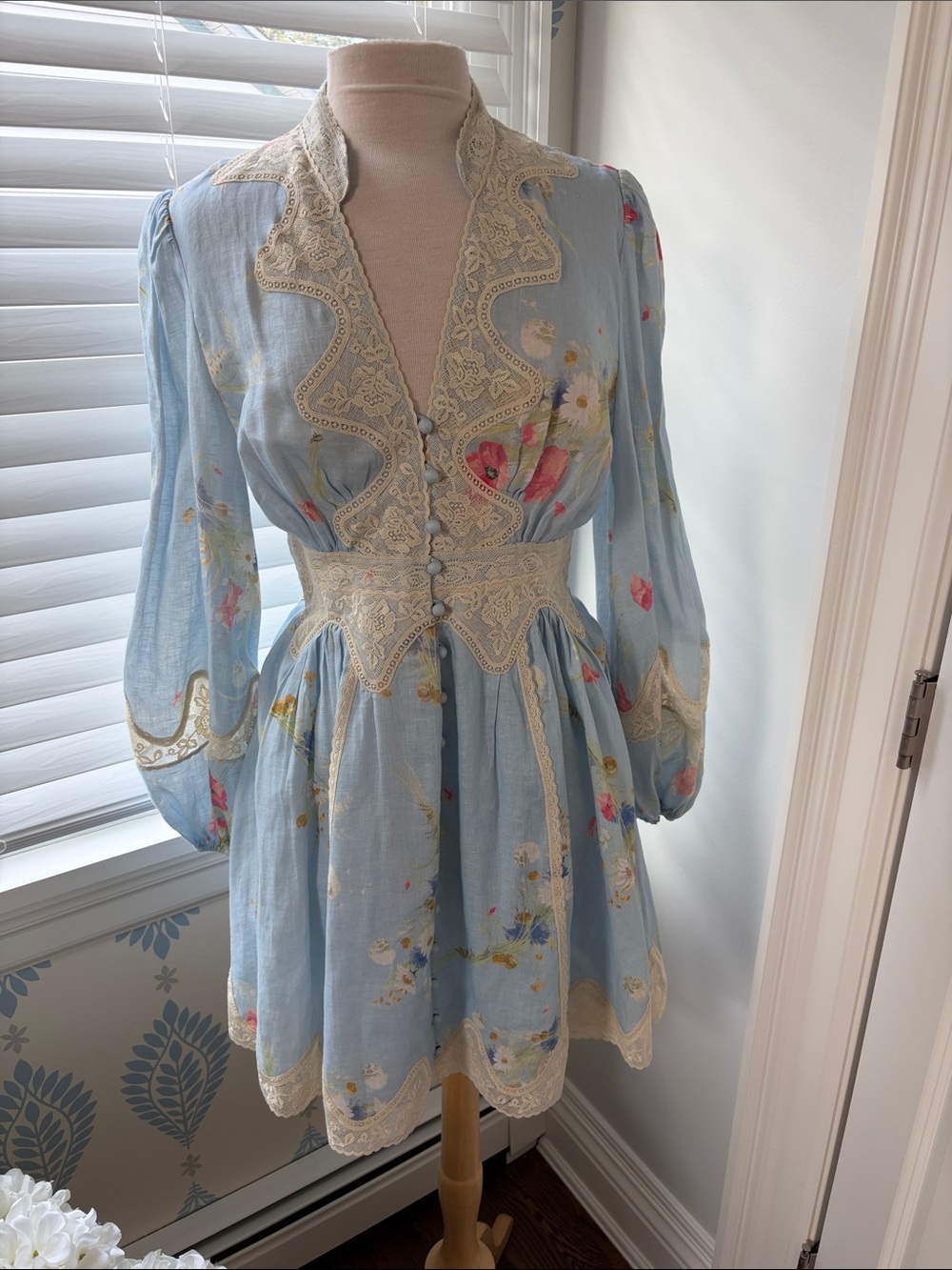 Zimmermann Light Blue Floral Lace-Trim Mini Dress size 4